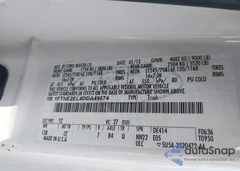 2013 Ford E-250 Commercial z USA, uszkodzony, nr VIN 1FTNE2EL4DDA49674